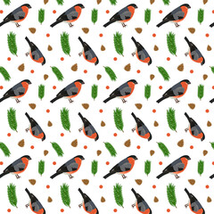 Seamless print with birds. Bullfinch with a red breast. Green spruce branches. Brown cones and red circles on a white background. Winter vector flat cartoon illustration for wallpaper. Wrapping paper.