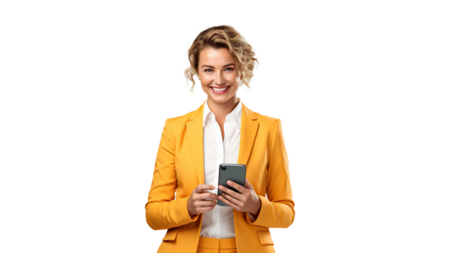 portrait white American woman use phone business
