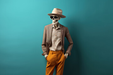 Stylish human skeleton model posing in trendy clothes, glasses and hat. Fashionable skeleton dressed in grey golden attire against a emerald green gradient background - obrazy, fototapety, plakaty