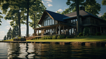Obraz premium Lakefront House lake house wooden house on the river