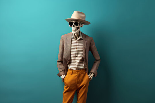 Stylish human skeleton model posing in trendy clothes, glasses and hat. Fashionable skeleton dressed in grey golden attire against a emerald green gradient background