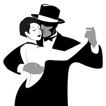 Tango performance. Couple of passionate retro fashion style dancers isolated on white background. Vintage minimalist illustration.