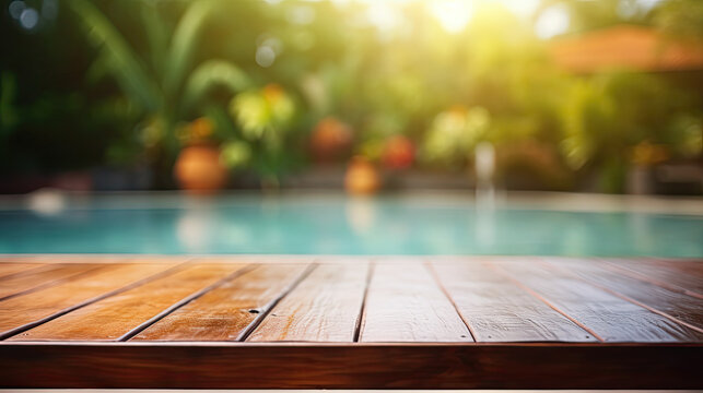 Poolside Retreat Background with Wooden Table