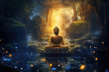 Naklejka premium Glowing golden buddha in heaven light