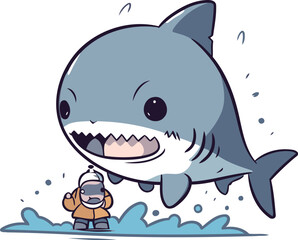 Fototapeta premium Shark catching fish. Cute cartoon character. Vector illustration.