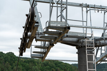 Baltow, Poland - July 2, 2022: Cable car in the summer season. Chairlift in summer without people.