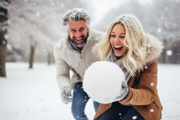 A playful snowball fight between a loving couple in a winter wonderland, highlighting the joy of shared laughter, creativity with copy space