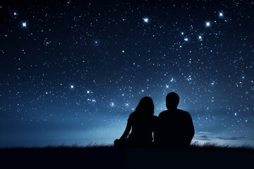 A couple stargazing under a sky filled with twinkling stars, representing the vastness of their love, creativity with copy space - obrazy, fototapety, plakaty