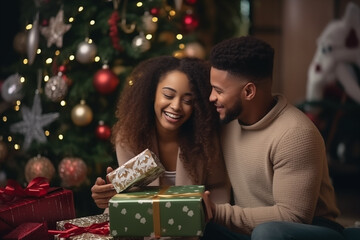 A loving pair exchanging gifts under a beautifully decorated Christmas tree, embodying the spirit of holiday love, creativity with copy space