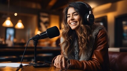 Woman with a recording microphone and headphones - obrazy, fototapety, plakaty