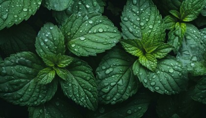 Water drops on a mint leaves background