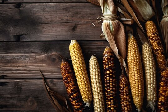 Colorful traditional native american indian apache corn cobs on old wooden background