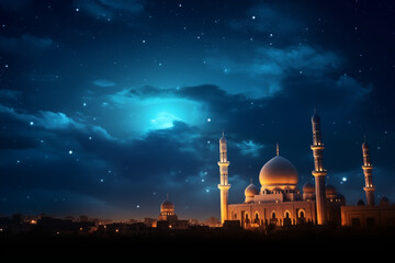 A stunning mosque illuminated against the night sky during Ramadan, signifying the spiritual atmosphere, creativity with copy space