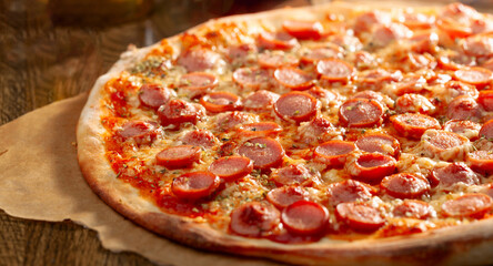 Tasty fresh backed pizza with sausages and spices.