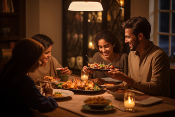 A family enjoying a hearty Suhour meal before the day's fast, showcasing the pre-dawn traditions, creativity with copy space