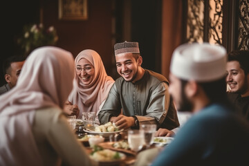 A group of friends sharing laughter during a communal Iftar meal, emphasizing the social aspect of Ramadan, creativity with copy space