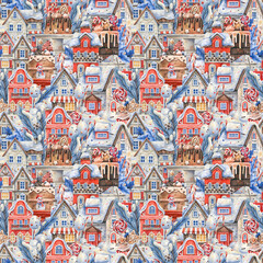 Obraz premium Christmas seamless pattern with snow-covered European houses. Watercolor illustration winter houses background.