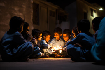 A group of children enjoying a traditional game of "Musaharati" during the pre-dawn hours, spreading joy and laughter, creativity with copy space