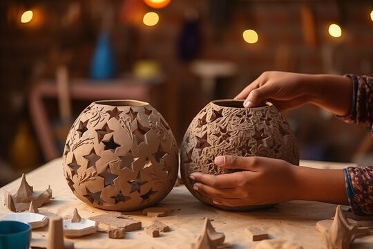 A pair of hands shaping clay lanterns, demonstrating the craftsmanship and creativity involved in Ramadan decorations, creativity with copy space