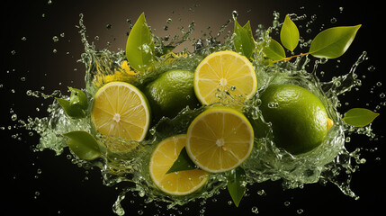 Lemons and Slices with Splash of Juice and Leaves on Selective Focus Background