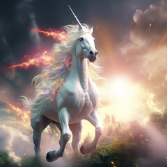 a Bright and beautiful Unicorn glowing in heaven created with Generative Ai