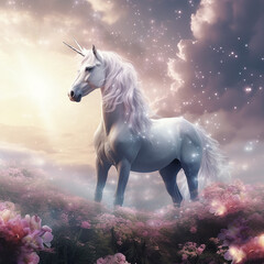 a Bright and beautiful Unicorn glowing in heaven created with Generative Ai