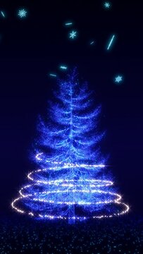 聖夜に舞う雪と光の粒子が煌めくクリスマスツリーのモーションイメージ / 縦構図動画 / 3Dレンダリング / A motion image of snow falling on a holy night and a Christmas tree sparkling with light particles.