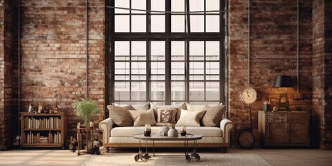 modern interior room in an industrial design loft with high windows.