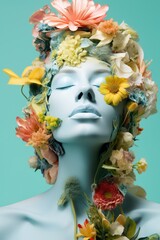 Artificial female head with flowers in her hair on blue background.