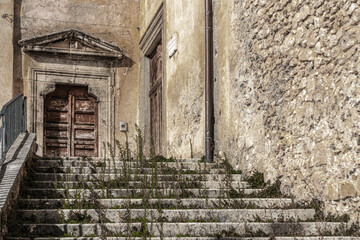 Weeds grow in the joints on the stone steps to the entrance door