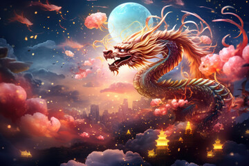 Happy chinese new year 2024 , the glowing dragon zodiac - obrazy, fototapety, plakaty