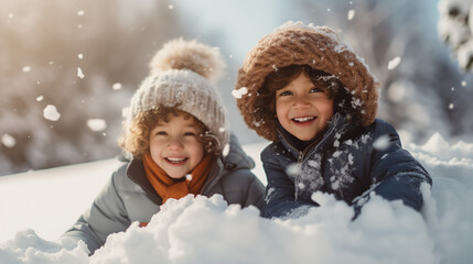 Portrait of American Kids Sledding Down Snowy Hills in Winter Wonderland Adventure