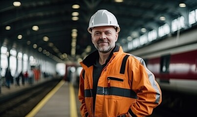 A Train Engineer in Protective Gear Standing Before a Locomotive