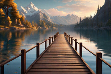 Beautiful empty wooden bridge over a lake with mountains, trees and a blue sky, generative ai
