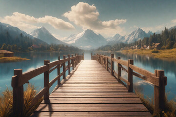 Beautiful empty wooden bridge over a lake with mountains, trees and a blue sky, generative ai
 - obrazy, fototapety, plakaty