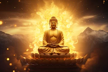 Deurstickers Glowing golden buddha in heaven light © Kien