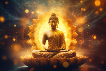 Glowing golden buddha in heaven light - obrazy, fototapety, plakaty