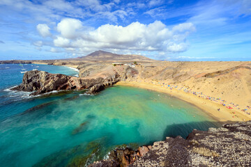 Beautiful day over Playa the Papagayo beach on Lanzarote island - Canaries - Spain - obrazy, fototapety, plakaty