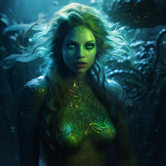 Portrait of a beautiful mermaid under the water surrounded by water and life - 673145938