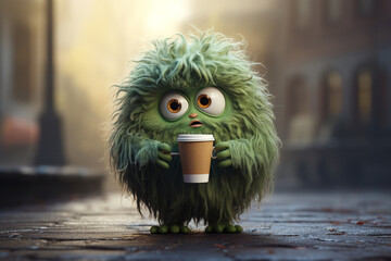 A sad tiny cute fluffy alien monster early in the morning, feeling tired and wanting to sleep. With a coffee
