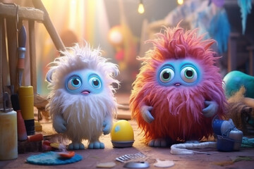 Group of cute little baby alien monsters working and crafting. Colorful monster aliens children in a workshop. Generative AI illustrations	

