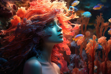 Portrait of a beautiful mermaid under the water surrounded by water and life