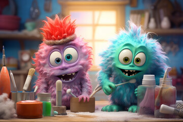 Group of cute little baby alien monsters working and crafting. Colorful monster aliens children in a workshop. Generative AI illustrations	

