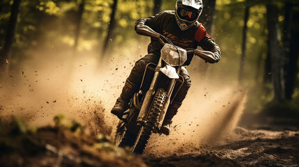 Motocross motorbike motorcycle rider on blurred mud dirt rainy mountain road