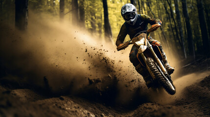 Motocross motorbike motorcycle rider on blurred mud dirt rainy mountain road