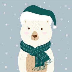A lovely chubby white bear over snowflake background. Vector illustration for Christmas celebration concept