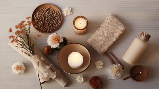 accessories for spa procedures on the table background.