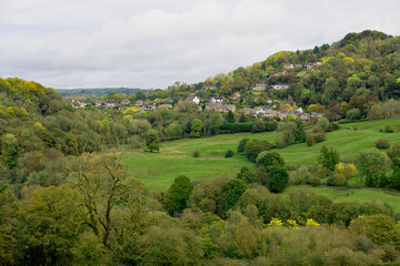 Fototapeta na wymiar Matlock landscape with hills and blue sky