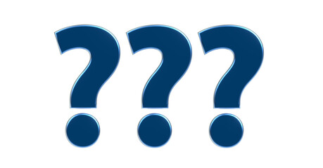 drei blaue exklusive plakative Fragezeichen 3D-Rendering, Frage, Antwort, FAQ, Zeichen, Schrift, 3D, exklusiv, metallisch, edel, Aufgabe, Wissen, Lernen, Ungewiss,  Freisteller, Alphakanal
