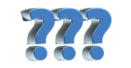 drei blaue exklusive plakative Fragezeichen 3D-Rendering, Frage, Antwort, FAQ, Zeichen, Schrift, 3D, exklusiv, metallisch, edel, Aufgabe, Wissen, Lernen, Ungewiss,  Freisteller, Alphakanal

